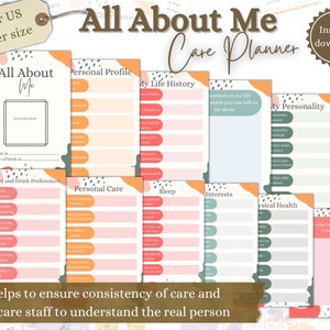 About Me, Care Planner, Care Facility, Care Givers Information Pack, Dementia Aid, Printable Planner,