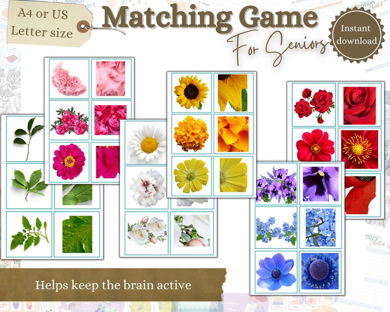 May include: Matching game for seniors with colorful flower images. The game is designed to help keep the brain active.  The game is available in A4 or US letter size and is an instant download.