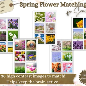 Peut inclure: Un ensemble imprimable de 30 images de fleurs de printemps à contraste élevé pour les personnes âgées. Les images sont conçues pour aider à maintenir le cerveau actif. Les images sont disposées en grille et présentent une variété de fleurs, notamment des tulipes, des jonquilles et des marguerites.