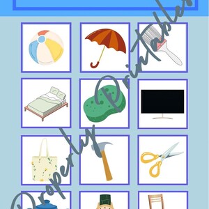 May include: Objects Bingo game board with 12 squares. Each square contains a colorful illustration of a common object, such as a beach ball, umbrella, paintbrush, bed, sponge, TV, tote bag, hammer, scissors, teapot, watch, and chair.