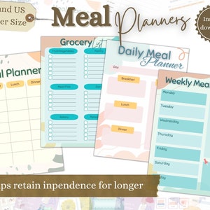 May include: Printable meal planner templates in a pastel color scheme with abstract shapes. The templates include a grocery list, daily meal planner, and weekly meal planner with a shopping list and notes section. The text "Meal Planners" is in a large font at the top of the image. The text "Helps retain independence for longer" is at the bottom of the image.