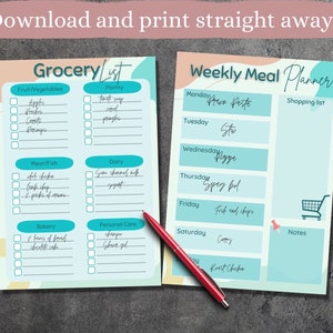 May include: Printable grocery list and weekly meal planner with checkboxes and a shopping list. The planner has a blue, green, and peach color scheme with a whimsical design.