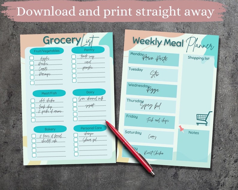 May include: Printable grocery list and weekly meal planner with checkboxes and a shopping list. The planner has a blue, green, and peach color scheme with a whimsical design.