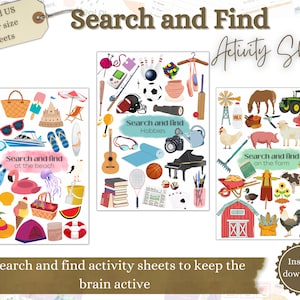 May include: Three printable activity sheets with colourful illustrations. The sheets feature a beach scene, a farm scene, and a hobbies scene. Each sheet has the text "Search and find" and the name of the scene. The text "Instant download" is in a brown circle at the bottom of the image.