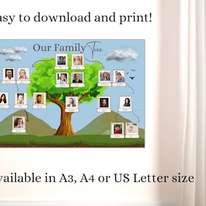 May include: A colourful family tree template featuring a green tree, blue sky, and white clouds. The template includes spaces for photos and names. The text "Our Family Tree" is at the top of the template. The template is available in A3, A4, or US Letter size.