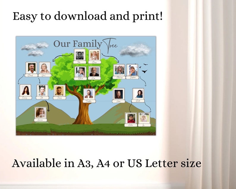 May include: A colourful family tree template featuring a green tree, blue sky, and white clouds. The template includes spaces for photos and names. The text "Our Family Tree" is at the top of the template. The template is available in A3, A4, or US Letter size.