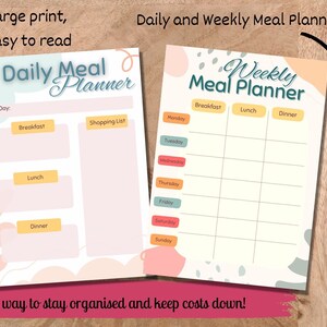 May include: Two printable meal planner templates with a colorful abstract design. The daily planner has space for breakfast, lunch, and dinner, as well as a shopping list. The weekly planner has space for each day of the week and meal times.