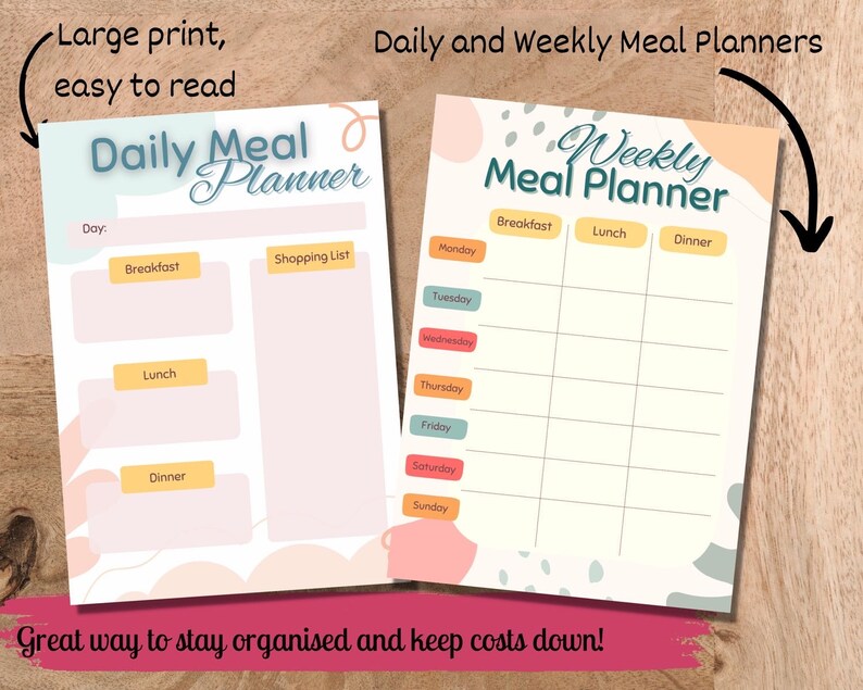 May include: Two printable meal planner templates with a colorful abstract design. The daily planner has space for breakfast, lunch, and dinner, as well as a shopping list. The weekly planner has space for each day of the week and meal times.