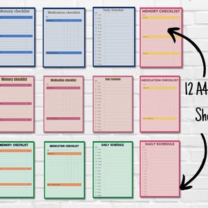 May include: Twelve printable A4 PDF sheets with checklists for memory, medication, and daily schedules. The sheets feature different color backgrounds and borders, including blue, pink, green, and yellow.