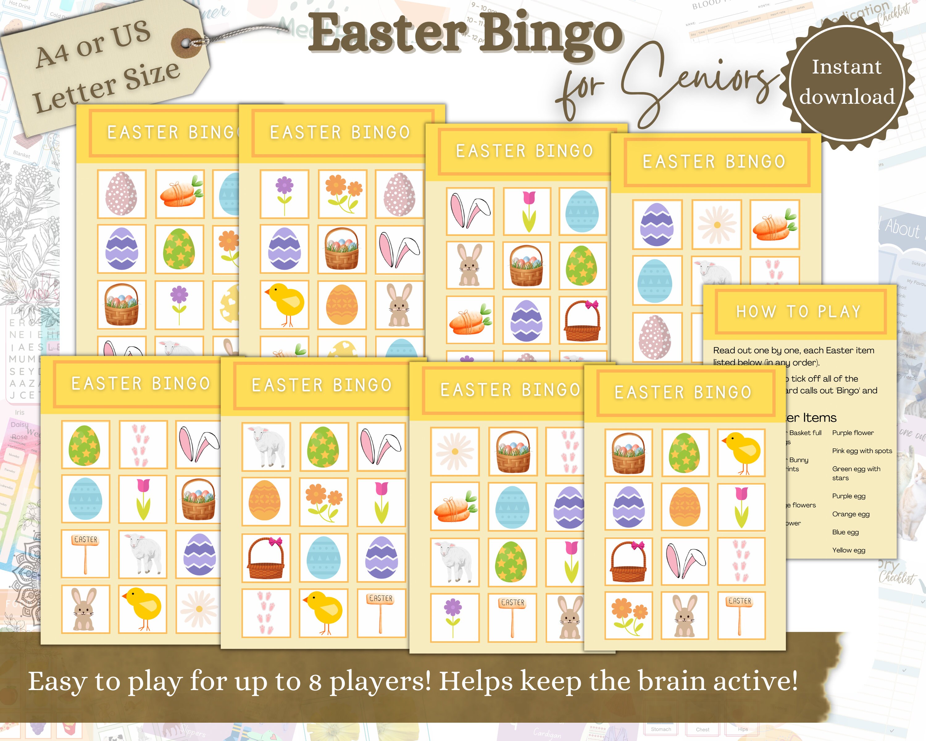 Easter Bingo for Seniors, Bingo Board, Alzheimers Activities, Brain