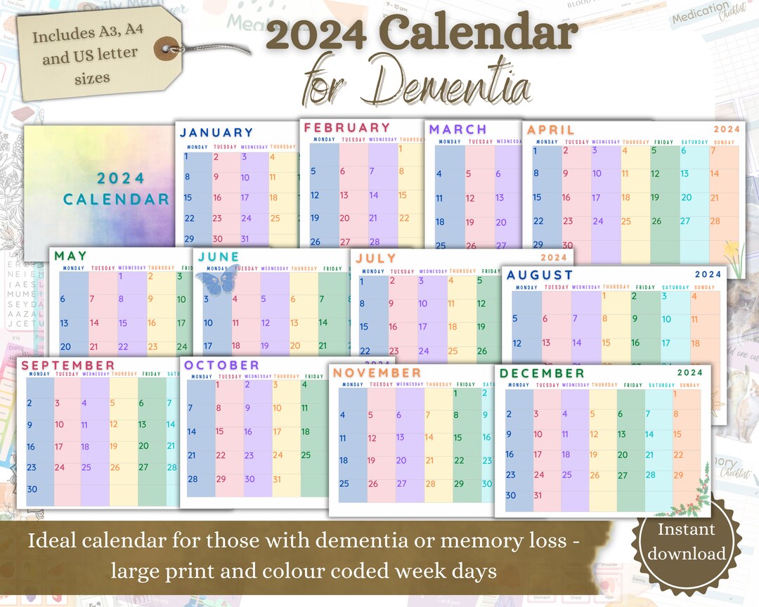 Printable Dementia Calendar, 2024 Calendar, Calendar for Memory Loss Printable Dementia Calendar, 2024 Calendar, Calendar for Memory Loss