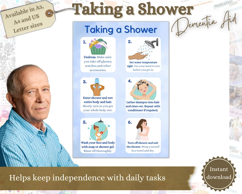 Taking a Shower Dementia Aid, Printable Dementia Sign, Wall Signs for