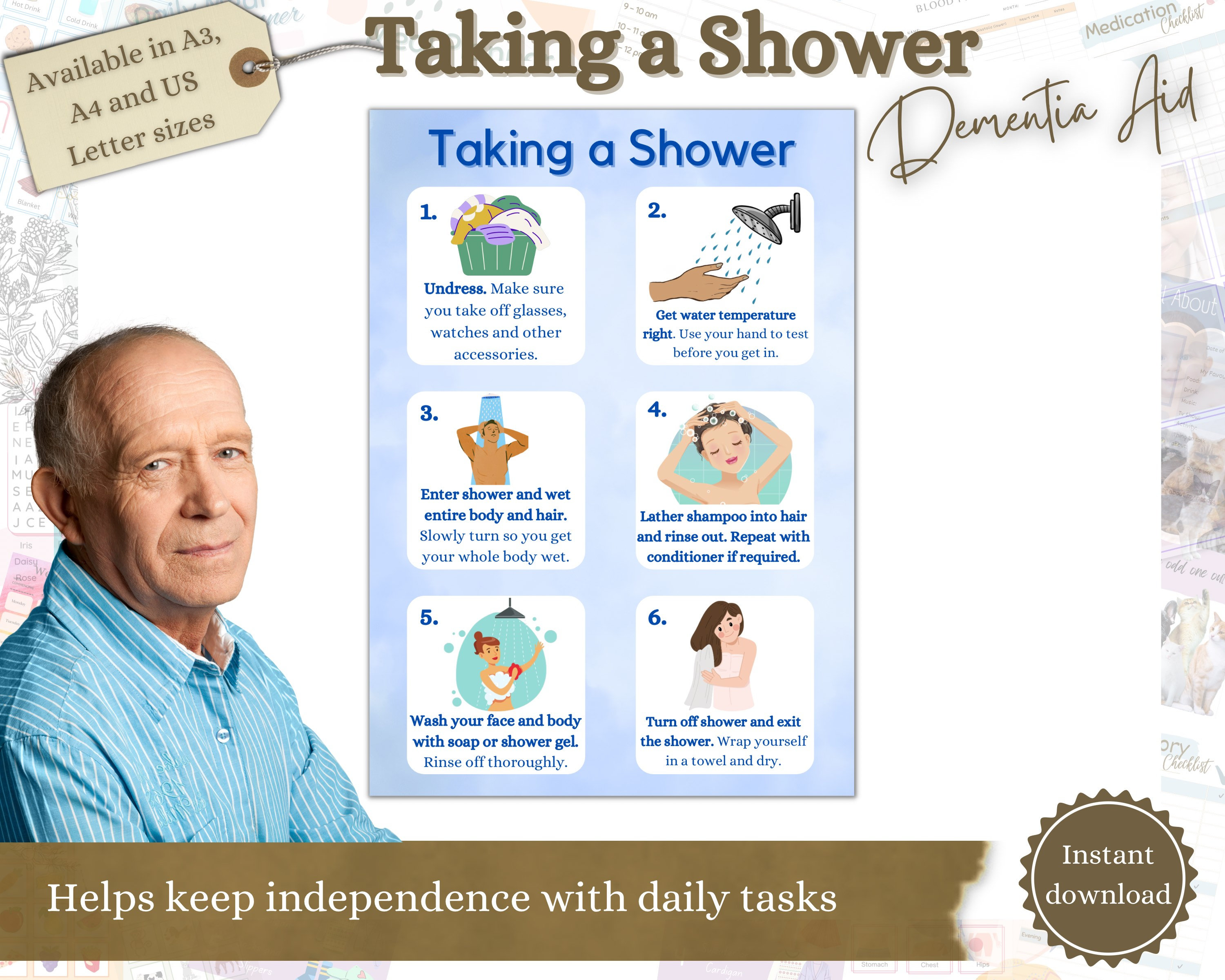 Taking a Shower Dementia Aid, Printable Dementia Sign, Wall Signs for