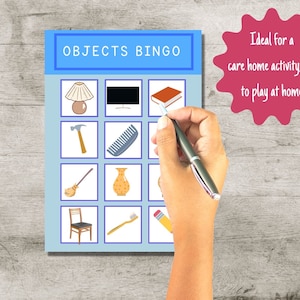 May include: A blue and white bingo card with the title "OBJECTS BINGO". The card has a grid of nine squares, each containing a different object, such as a lamp, a comb, a vase, a chair, and a toothbrush.