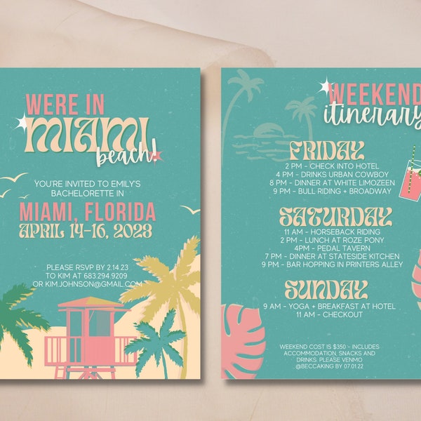Miami Beach Palm Pool Bachelorette Invite and Itinerary / Editable Template Digital Download, Digital, Beach Bachelorette, Florida
