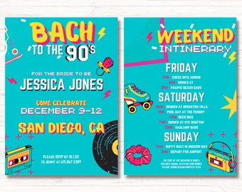 Bach to the 90s Bachelorette Invite and Itinerary / Editable Template Digital Download, Digital, Retro, 90s Bachelorette Y2K