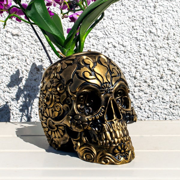 Mexican Calavera Skull Planter Black and Gold Hand Painted - Sugar Skull Pot - Day of the Dead Gifts - Gothic Garden Planter Decor