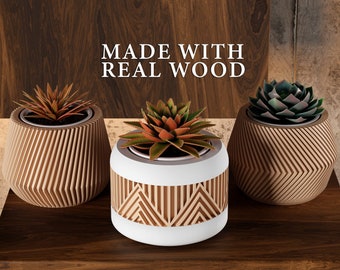 Plantenbakken set van drie gemaakt met echte houtmaterialen - 3D-geprinte plantenbak voor woonkamer - schattige plantenbakken - Scandinavisch decor