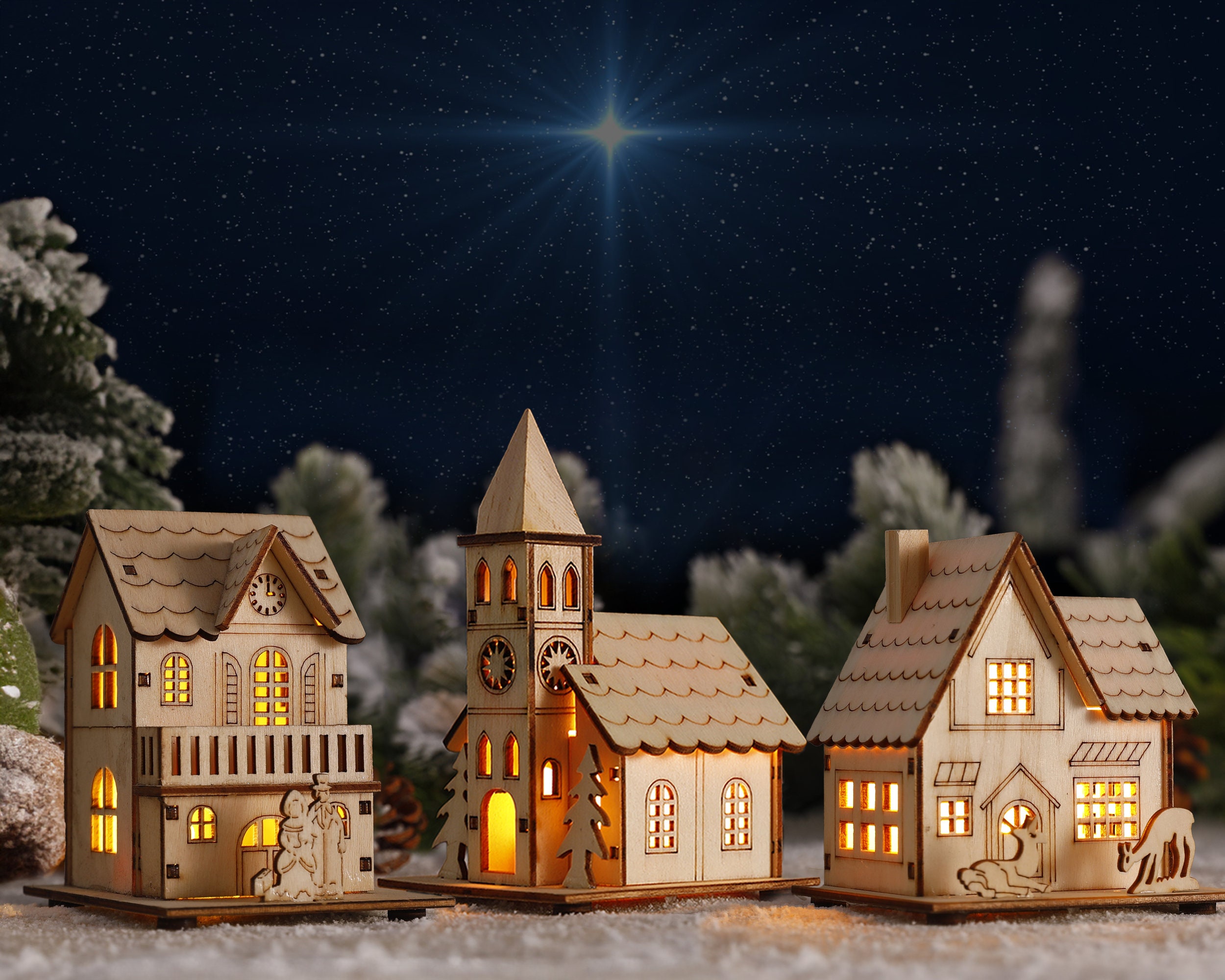 Wood christmas village houses Clearance