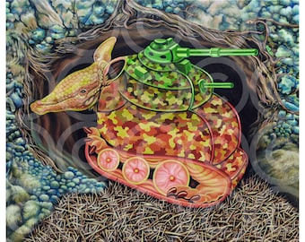 Living Tank original oil painting, animal surrealism wall art, one of a kind artwork on real canvas