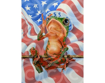 Patriotic Frog original oil painting, animal surrealism wall art, one of a kind artwork on real canvas