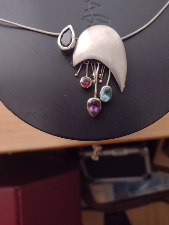Multi-Color Stones Silver Abstract Design Necklace - image 1