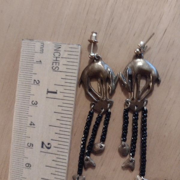 Bronze Gazelle Pierced Earrings with black dangling beads