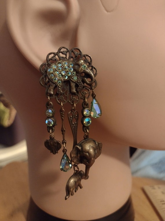 Elephant Dangling Pierced Earrings With Chrystal … - image 1