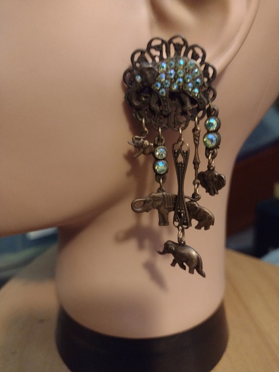 Elephant Dangling Pierced Earrings With Chrystal … - image 2