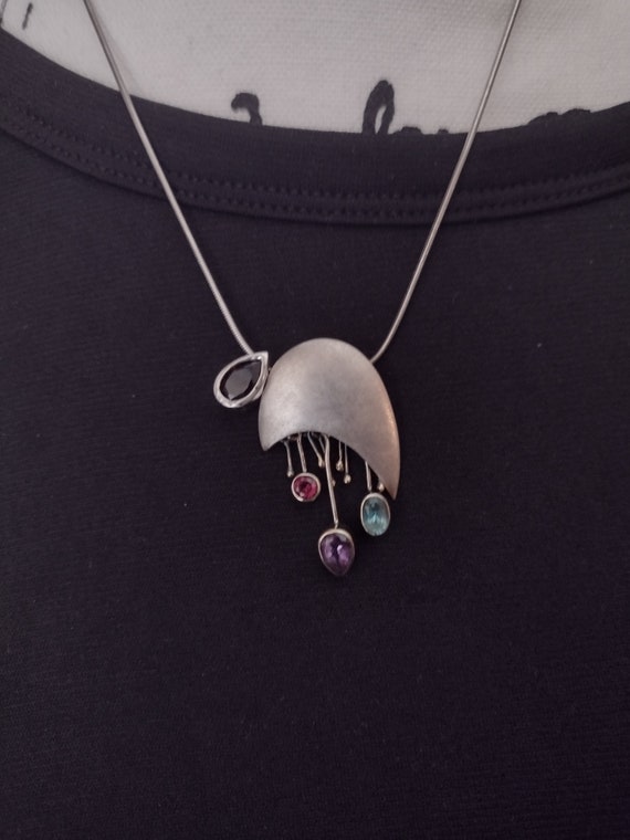 Multi-Color Stones Silver Abstract Design Necklace - image 2