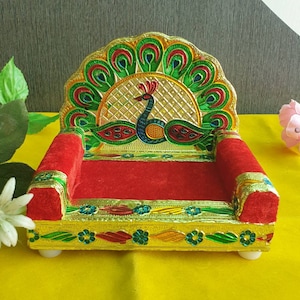 Handmade Minakari Peacock Singhasan: Laddu Gopal God Sofa (11 CM Height)