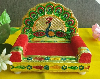 Handmade Minakari Peacock Singhasan: Laddu Gopal God Sofa (11 CM Height)