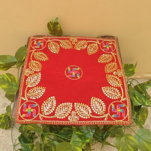 Embroidered Red Velvet Pooja Aasan Mat: Hindu Altar Cloth (Set of 2)