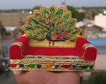 Meenakari Wooden Singhasan: Laddu Gopal Vyasasana Chowki(6.5" Size)