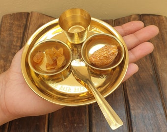 Brass Ghog Thali Set of 4 Pis For Laddu Gopal, Small Plate, Glass, Spoon, 2 Pis Katori, For Serving Prashad, Puja Thali Set (4x4 Inch)