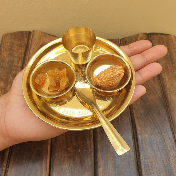 Brass Ghog Thali Set of 4 Pis For Laddu Gopal, Small Plate, Glass, Spoon, 2 Pis Katori, For Serving Prashad, Puja Thali Set (4x4 Inch)