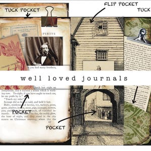 Peut inclure: Un collage de pages de journal de style vintage avec du texte, des illustrations et des poches. L'image comprend un portrait d'homme, une illustration de maison et les mots "well loved journals".