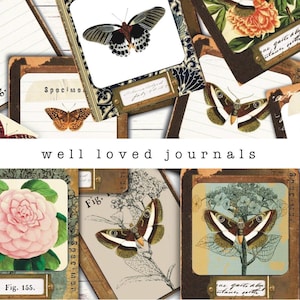 Puede incluir: Una colección de páginas de diario de estilo vintage con ilustraciones de mariposas y flores. Las páginas presentan texturas de papel envejecido, marcos decorativos y etiquetas manuscritas. Se muestra el texto "well loved journals".