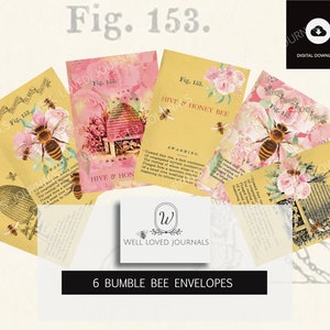 May include: A collection of six bumble bee envelopes. Each envelope features a vintage design with illustrations of bees, beehives, and floral elements. The envelopes have a cream background with text that reads "Fig. 153" and "Hive & Honey Bee".