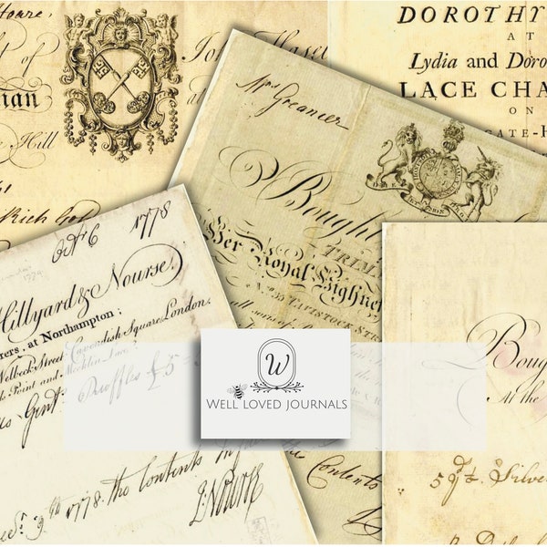 Elegant & Exquisite 18th Century Receipts with Beautiful Calligraphy.  For Scrapbooking, Junk Journaling and Crafting - Digital Download