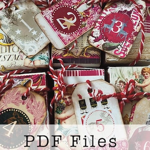 May include: A collection of vintage-style gift tags with numbers 1 through 6, featuring red and white twine. The tags have decorative patterns, illustrations, and the text "PDF Files".