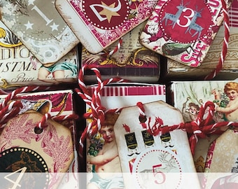 May include: A collection of vintage-style gift tags with numbers 1 through 6, featuring red and white twine. The tags have decorative patterns, illustrations, and the text "PDF Files".