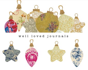 May include: A collection of flat, ornament-shaped paper cutouts featuring various patterns including floral, damask, and vintage illustrations in shades of gold, blue, pink, and cream. The text "well loved journals" is centered below the top row.