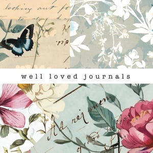 Może przedstawiać: Kolaż stron dziennika w stylu vintage z ilustracjami kwiatów i motyli. Tekst "well loved journals" jest wyświetlany czcionką bezszeryfową. Paleta kolorów obejmuje miękkie odcienie niebieskiego, różu i kremu.