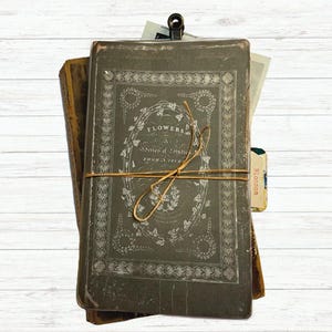 Peut inclure: Un livre vintage intitulé "Flowers and Fruits of India from a Sketch Book" avec une couverture brune et un motif floral décoratif. Le livre est attaché avec de la ficelle et a un aspect usé et antique.