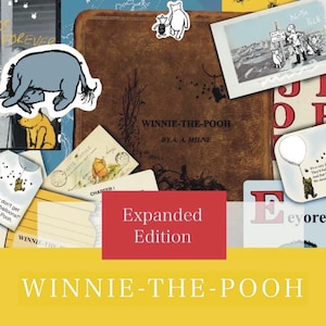 May include: A collage featuring Winnie-the-Pooh imagery. The image includes a book cover, postcards, and stickers with characters like Eeyore and Pooh. The text "WINNIE-THE-POOH" and "Expanded Edition" are visible.
