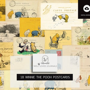 Treten Sie ein in die wunderliche Welt von Winnie Puuh mit unserem bezaubernden digitalen Postkarten-Set, perfekt für Junk Journaling und kreative Projekte.