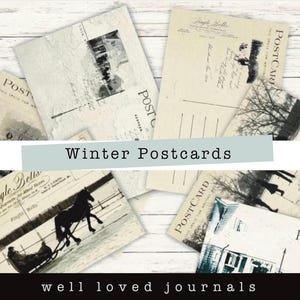 Puede incluir: Una colección de postales de estilo vintage con escenas invernales en blanco y negro, que incluyen un trineo tirado por caballos, paisajes nevados y siluetas de personas. Las tarjetas incluyen textos impresos como Postcard, Jingle Bells y Address.