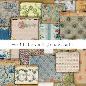 May include: A collage of vintage paper ephemera with floral and patterned designs in shades of blue, pink, yellow, and green. The text "well loved journals" is displayed in a white font across the center of the image.