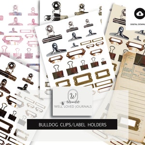 BULLDOG CLIP TABS and Label Holders Digital Kit, Office Ephemera, Stationery, Fussy Cuts, Junk Journalling, Scrapbooking, Printable Download
